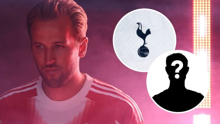 Harry Kane looks on for Bayern Munich with a Tottenham badge and a mystery player overlay