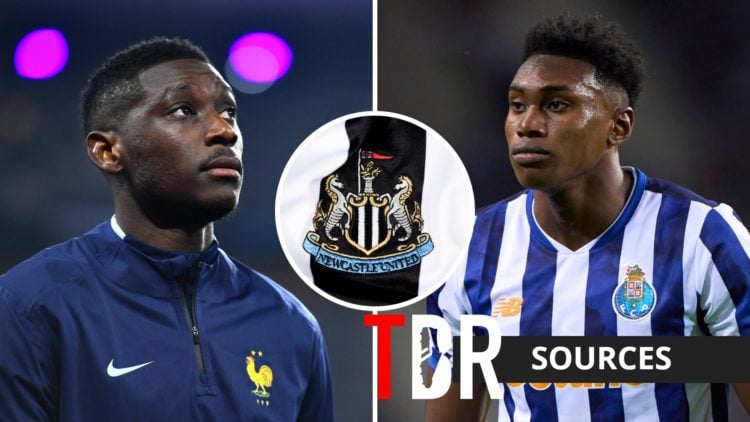 Split image of Randal Kolo Muani and Samu Aghehowa with inset of Newcastle United badge