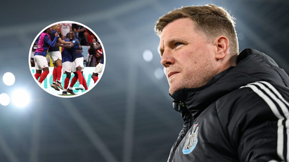 Newcastle United manager Eddie Howe with inset of PSG and France striker Randal Kolo Muani