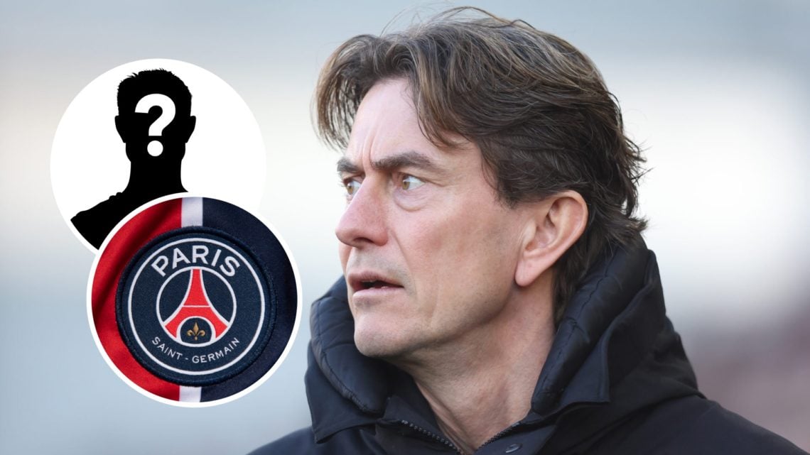 Tottenham Hotspur manager Thomas Frank with insets of PSG badge and mystery silhouette