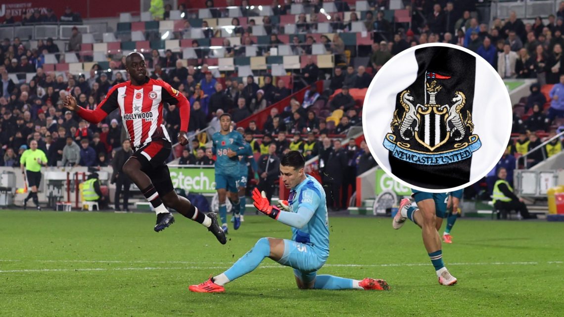 Brentford forward Yoane Wissa with inset of Newcastle United badge