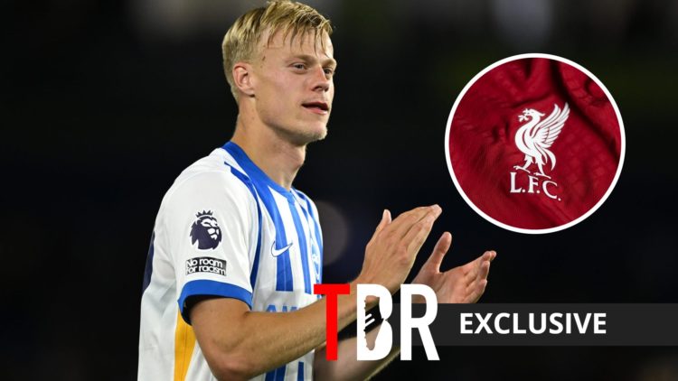 Brighton defender Jan Paul van Hecke with inset of Liverpool badge