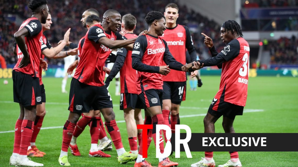 Bayer Leverkusen winger Nathan Tella celebrating with his teammates