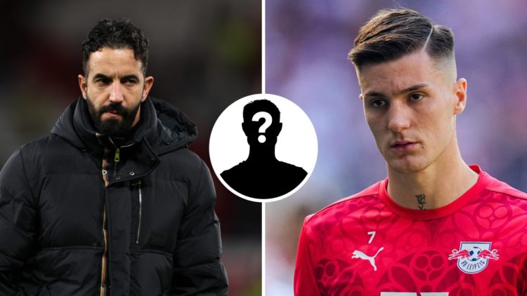 Split image of Ruben Amorim and Benjamin Sesko looking on before Manchester United and RB Leipzig games respectively, with an inset of a mystery pl...