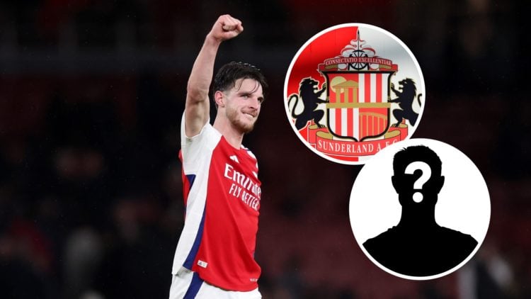 Arsenal midfielder Declan Rice with inset of Sunderland badge