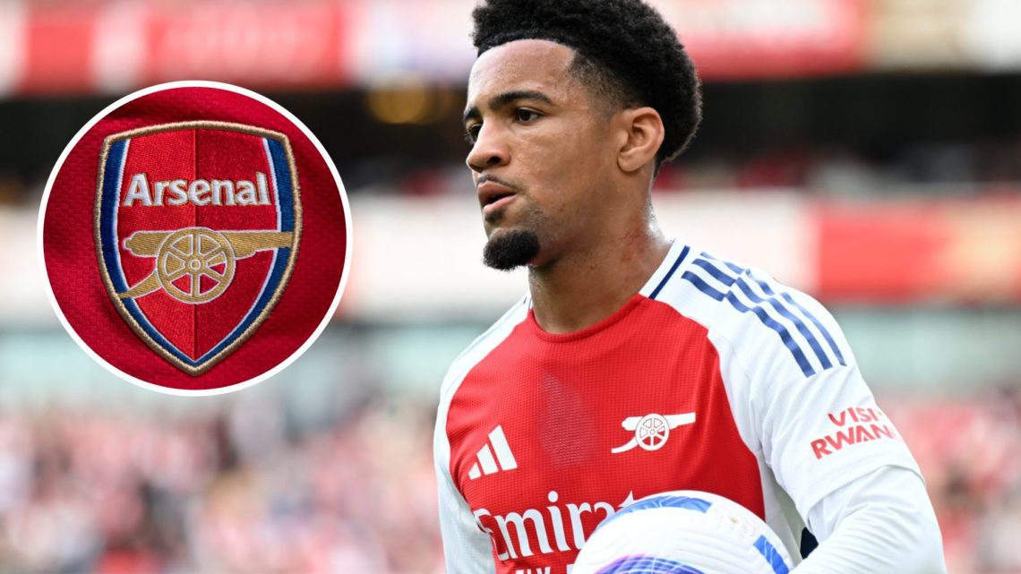 Arsenal midfielder Ethan Nwaneri. The Arsenal Club Crest.
