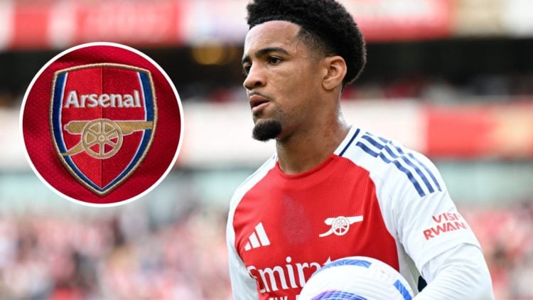 Arsenal midfielder Ethan Nwaneri. The Arsenal Club Crest.