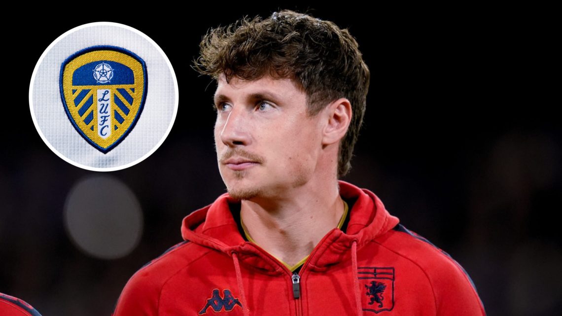 Andrea Pinamonti with inset of Leeds United badge