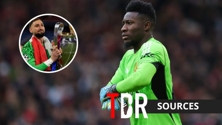 Andre Onana with inset of Gianluigi Donnarumma and Manchester United badge