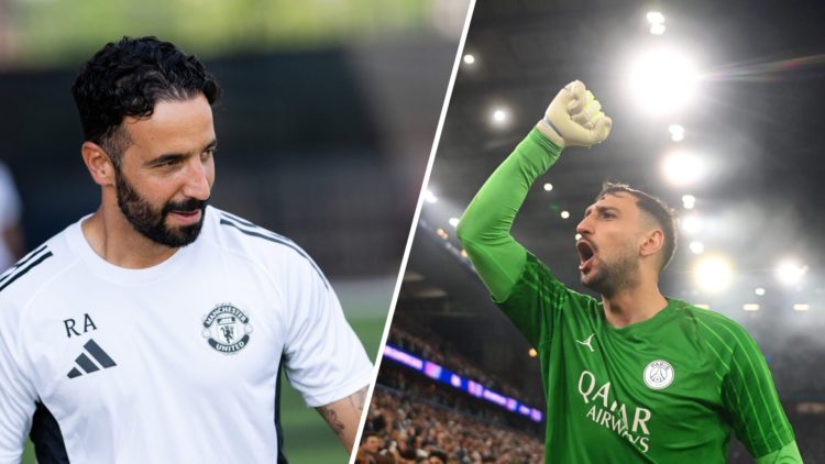 Split image of Ruben Amorim during a Manchester United training session and Gianluigi Donnarumma celebrating after helping PSG win a Champions Leag...