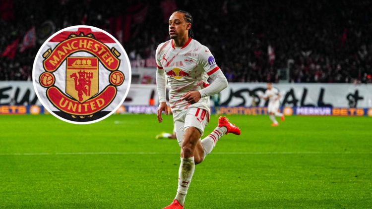 Xavi Simons with inset of Manchester United badge