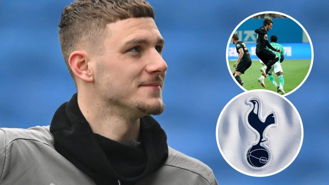 Tottenham Hotspur loanee Jamie Donley warming up. Inset of James Maddison suffering injury and Tottenham badge.