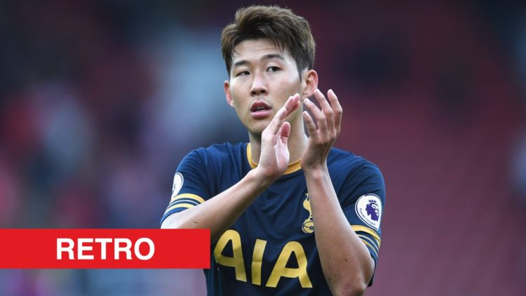 Main: Son Heung-Min applauds the Tottenham fans after the Premier League match against Stoke City. Overlay: Retro banner.