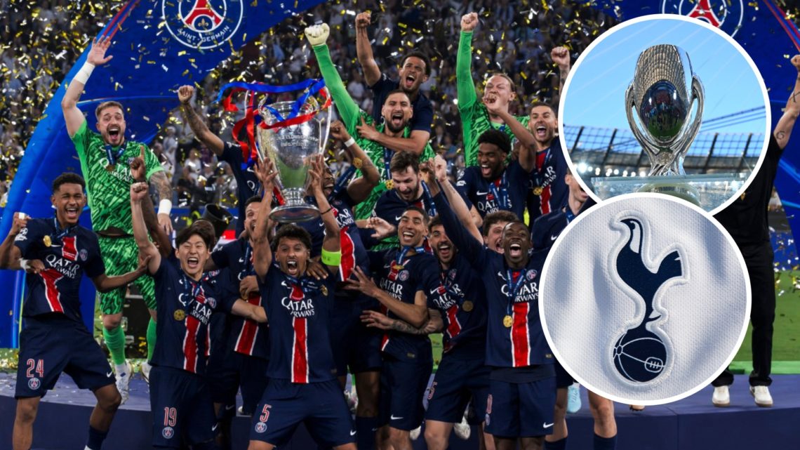 Paris Saint-Germain squad celebrate winning the Chammpions League. Inset of UEFA Super Cup and Tottenham Hotspur badge.