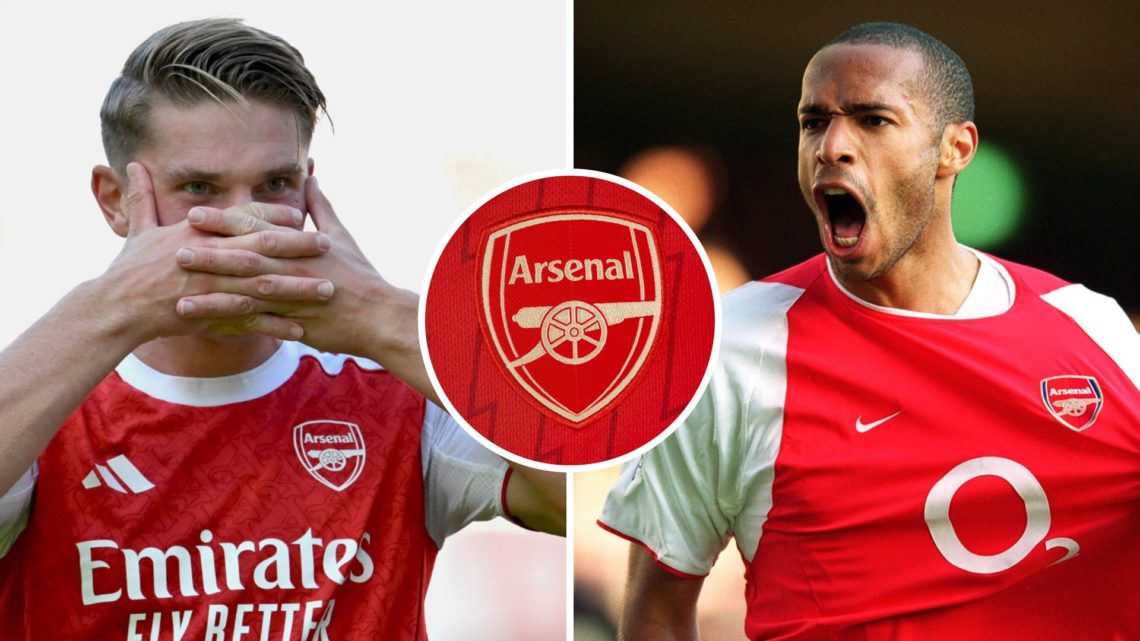Viktor Gyokeres celebrate for Arsenal (left), Thierry Henry celebrates for Arsenal (right), Arsenal badge (centrre)