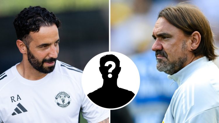 Split image of Manchester United manager Ruben Amorim and Leeds United boss Daniel Farke with the mystery overlay