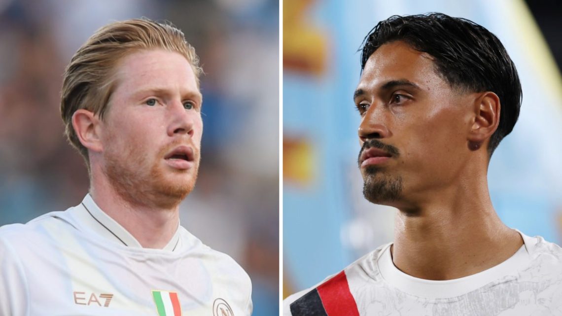 Split image of Manchester City and Napoli midfielders Kevin De Bruyne and Tijjani Reijnders on the pitch during a match