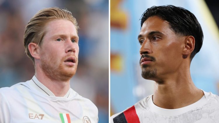 Split image of Manchester City and Napoli midfielders Kevin De Bruyne and Tijjani Reijnders on the pitch during a match