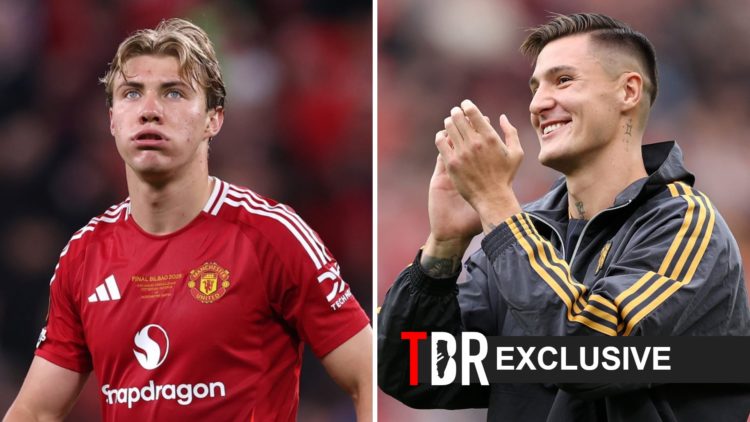 A split image featuring Manchester United strikers Rasmus Hojlund and Benjamin Sesko reacting