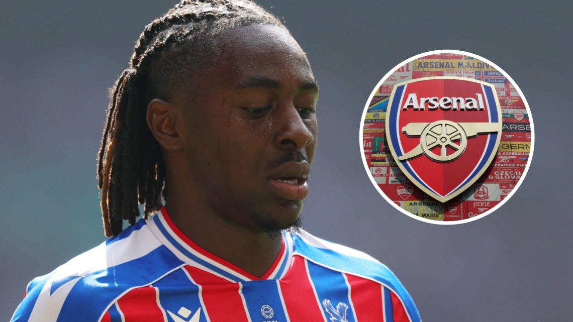 Crystal Palace attacker Eberechi Eze during Community Shield. Inset of Arsenal badge at the Emirates Stadium.