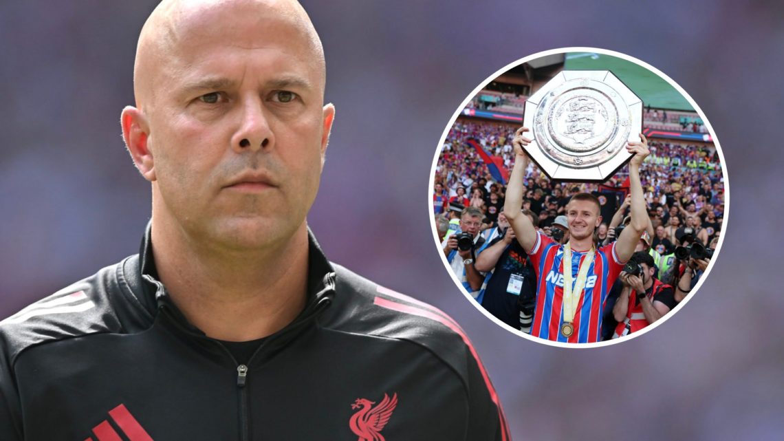 Arne Slot looks on (left) Adam Wharton lifts the Community Shield (right)