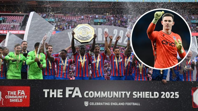 Crystal Palace celebrate winning the Community Shield. Inset of Dean Henderson.