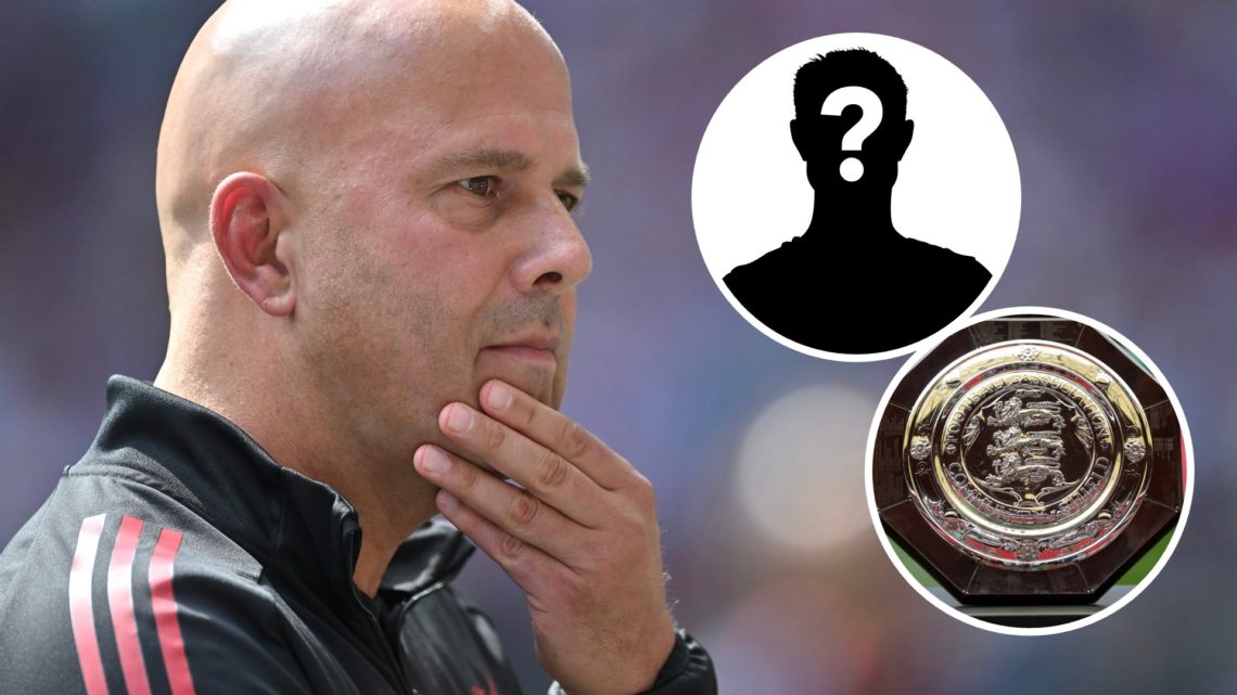 Arne Slot manager of Liverpool gestures during the 2025 FA Community Shield match between Crystal Palace and Liverpool at Wembley Stadium (Left) Co...