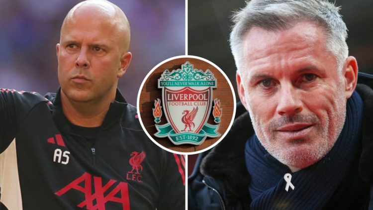 Arne Slot of Liverpool looks on (left), Liverpool badge (middle) and Jamie Carragher stares the camera down (right)