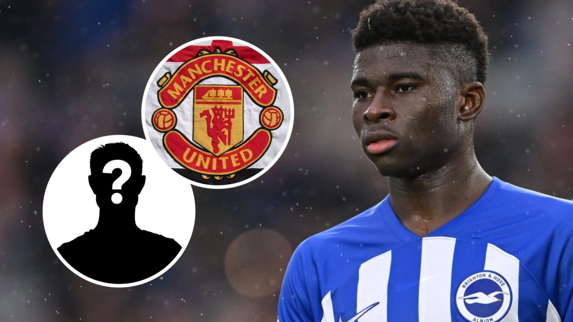 Carlos Baleba of Brighton & Hove Albion looks on (right), Manchester United badge and mystery player overlay (left)