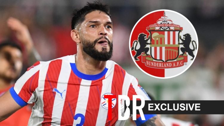 Getafe player Omar Alderete with the Sunderland badge inset and the TBR Exclusive logo