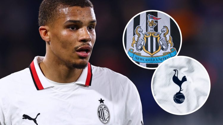 Malick Thiaw of AC Milan looks on (left), Manchester United and Tottenham badge (right)