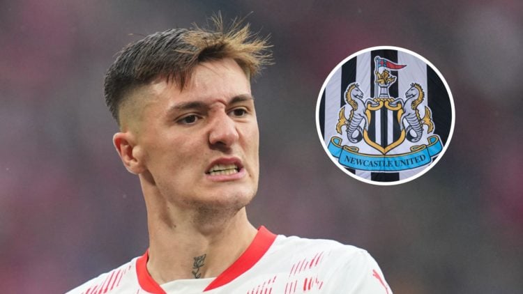 Main: Benjamin Sesko grimaces during the Bundesliga match between RB Leipzig and Bayern Munich. Inset: Newcastle United badge.