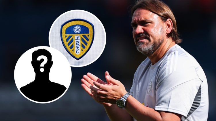 Daniel Farke with the Leeds United badge and mystery player image inset