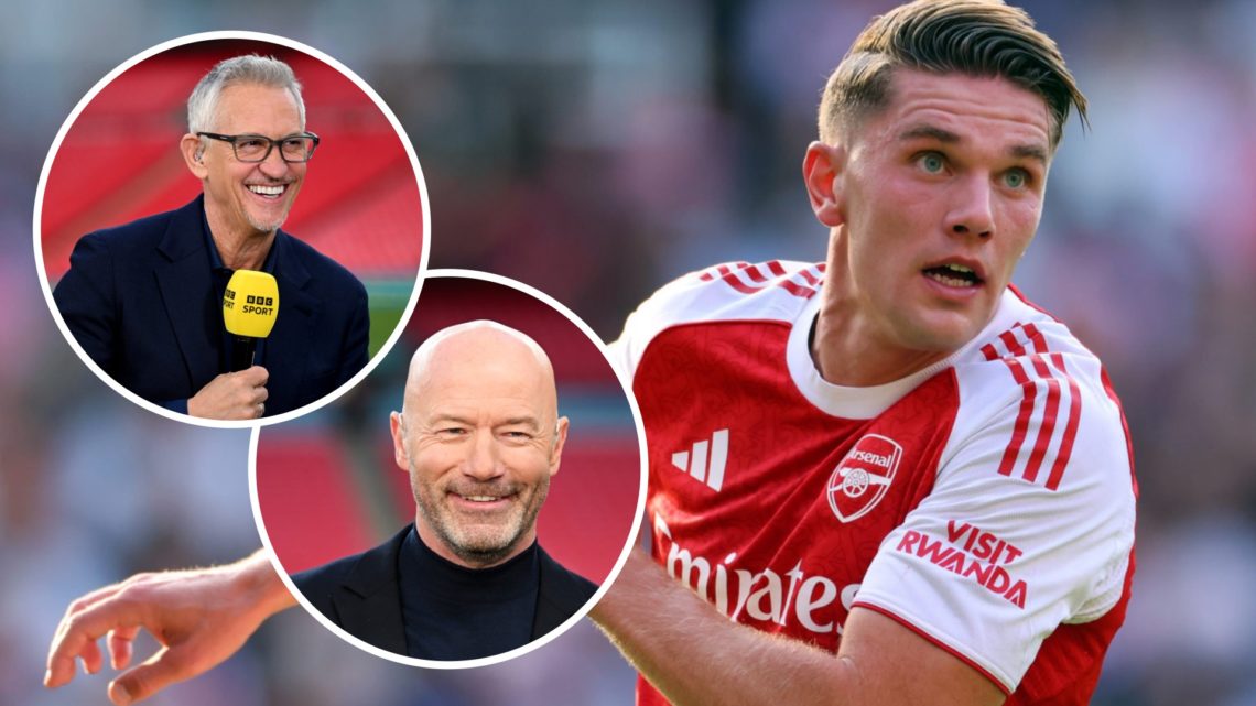 Viktor Gyokeres playing for Arsenal alongside insets of Gary Lineker and Alan Shearer.