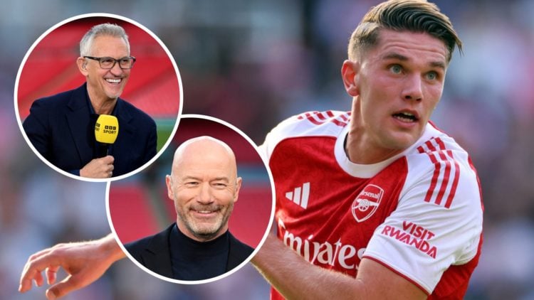Viktor Gyokeres playing for Arsenal alongside insets of Gary Lineker and Alan Shearer.