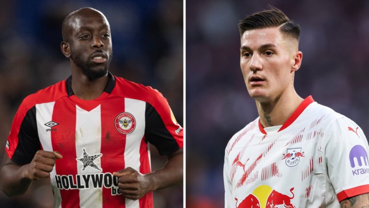 Left: Yoane Wissa in action for Brentford during the Premier League match against Leicester City. Right: Benjamin Sesko looks on during the Bundesl...