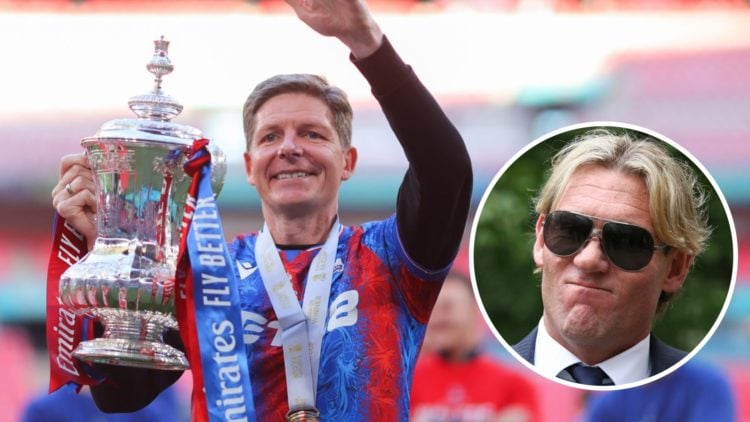 Crystal Palace manager Oliver Glasner holds the FA Cup with Simon Jordan inset