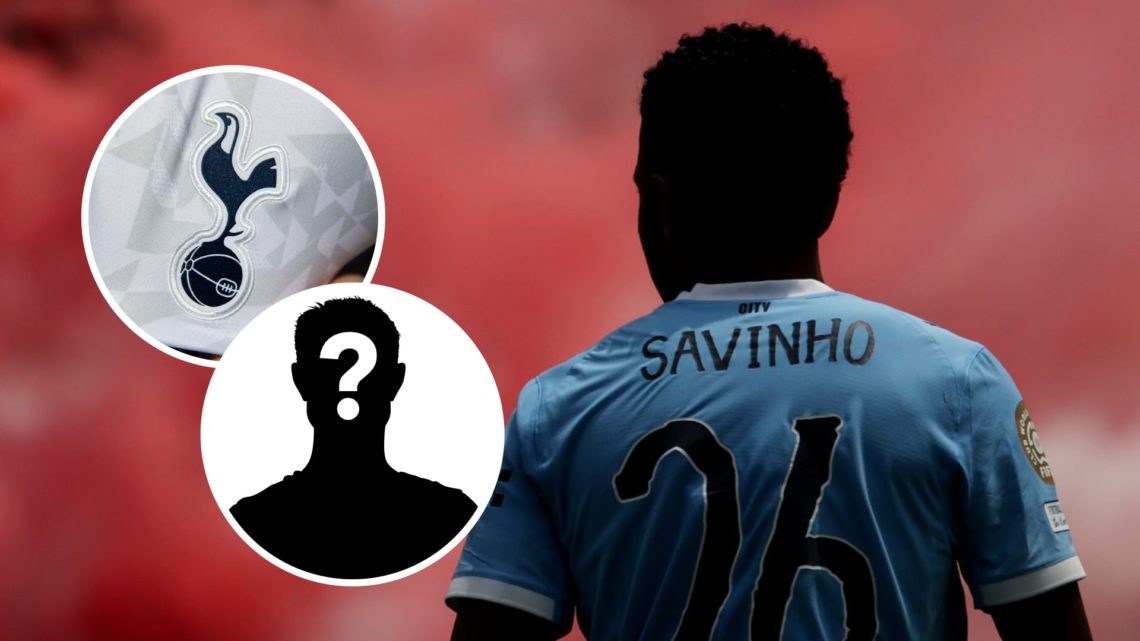 Manchester City winger Savinho during FIFA Club World Cup match. Inset of Tottenham Hotspur badge and mystery player.
