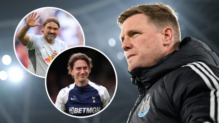 Newcastle manager Eddie Howe with Leeds and Tottenham managers Daniel Farke and Thomas Frank inset