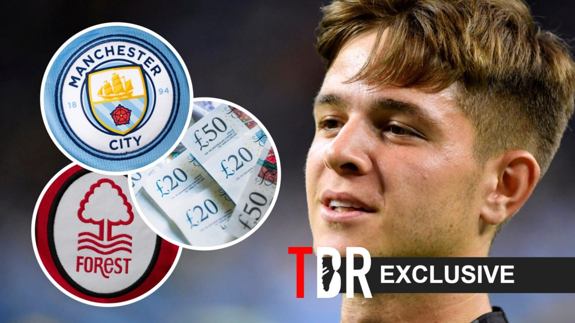James McAtee of Man City looks on (right), Nottingham Forest badge, Man City badge and money (left)