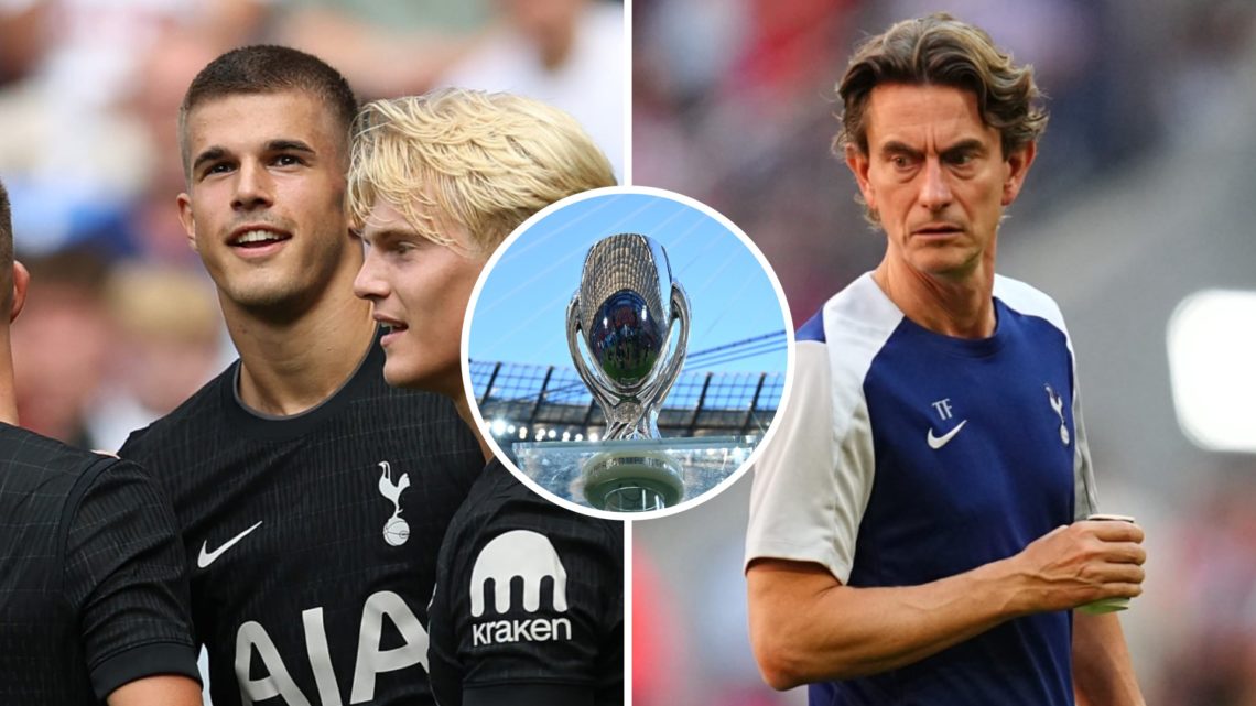 Split image of Luka Vuskovic (L) celebrates goal for Tottenham Hotspur and Spurs manager Thomas Frank (R) ahead of freindly match. Inset of UEFA Su...