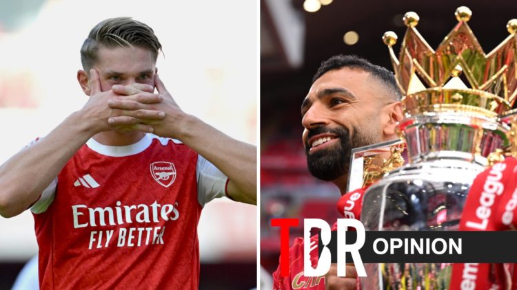 Split image of Arsenal player Vkitor Gyokeres and Mohamed Salah of Liverpool with the TBR Opinion overlay