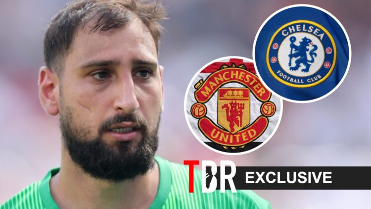 Donnarrumma of PSG looks on (left), Manchester United and Chelsea badge (right)