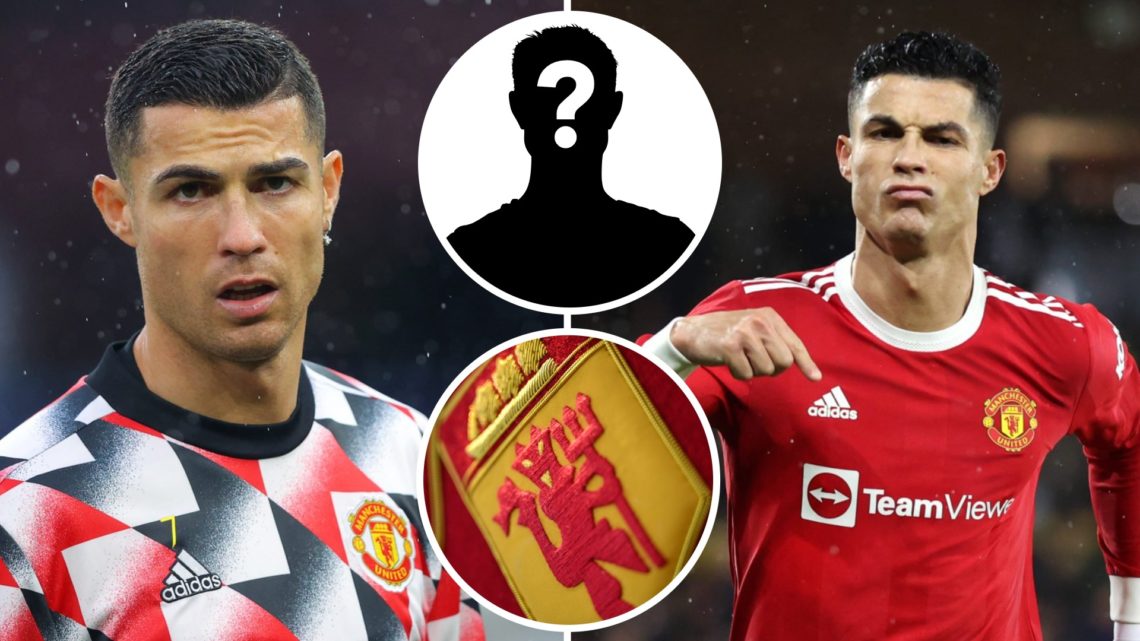 Cristiano Ronaldo of Manchester United split image with mystery player overlay and Man United badge