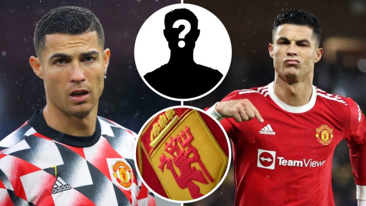 Cristiano Ronaldo of Manchester United split image with mystery player overlay and Man United badge