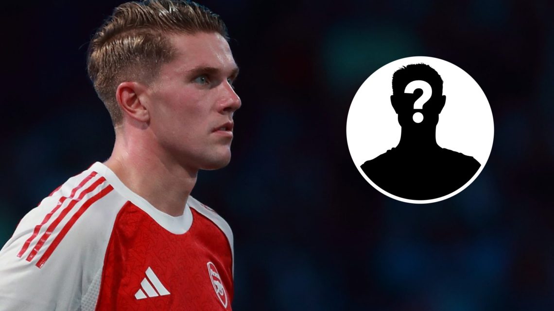 Image of Viktor Gyokeres looking on during an Arsenal game with an inset of a mystery player