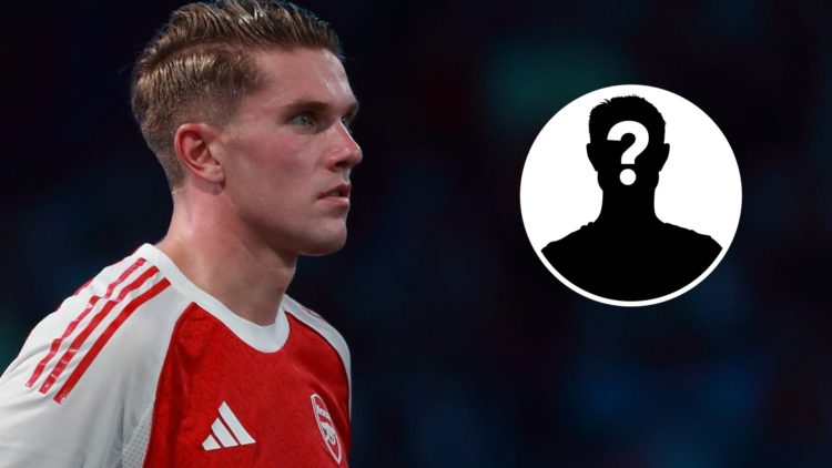 Image of Viktor Gyokeres looking on during an Arsenal game with an inset of a mystery player