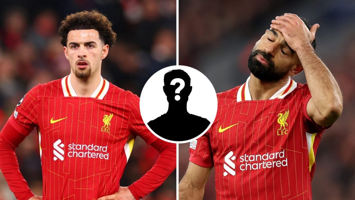Split image of (L) Curtis Jones looking on during a Liverpool game and (R) Mohamed Salah looking dejected while playing for Liverpool, with an inse...