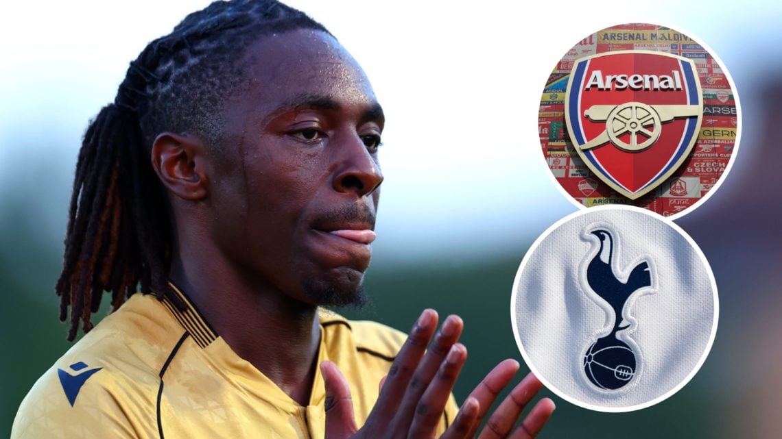 Crystal Palace forward Eberechi Eze after pre-season friendly. Inset of Tottenham Hotspur badge and Arsenal badge.