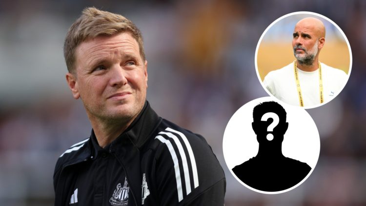 Eddie Howe alongside insets of Newcastle's club badge and Pep Guardiola.